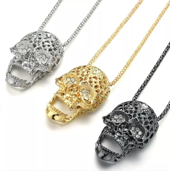 Choose your color gold Chrome or silver crystal 3rd eye skull necklace - Picture 15 of 16